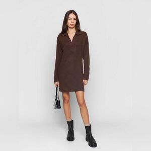 Reformation Doreen 100% Cashmere Polo Sweater Dress Brown Collar Small S